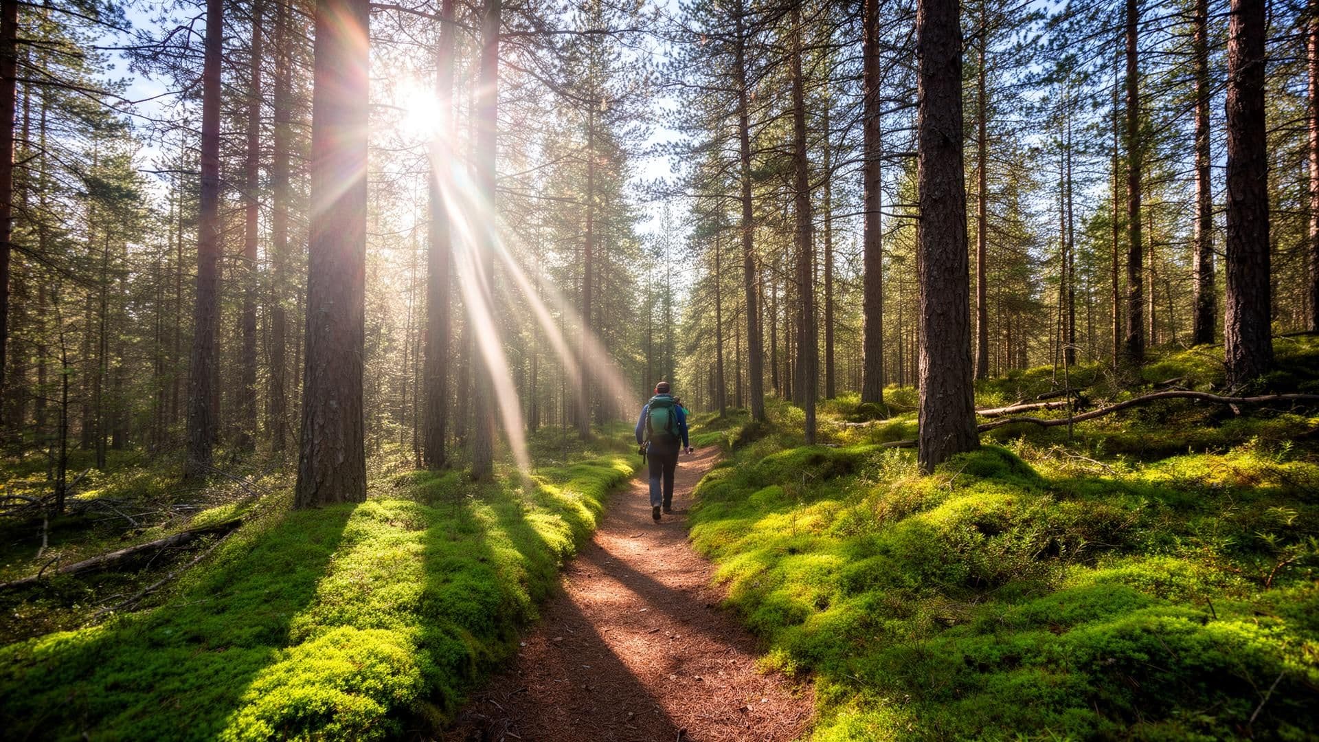 Sonnendurchfluteter Kiefernwald mit Wanderer