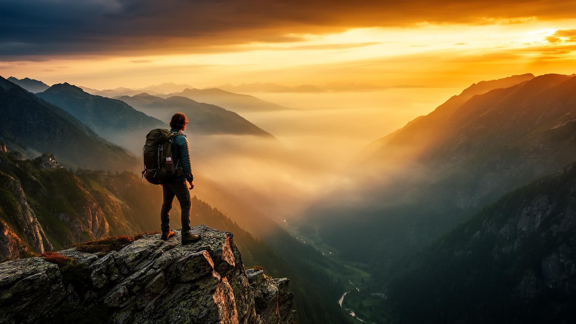 Wanderer auf Felsklippe bei Sonnenaufgang