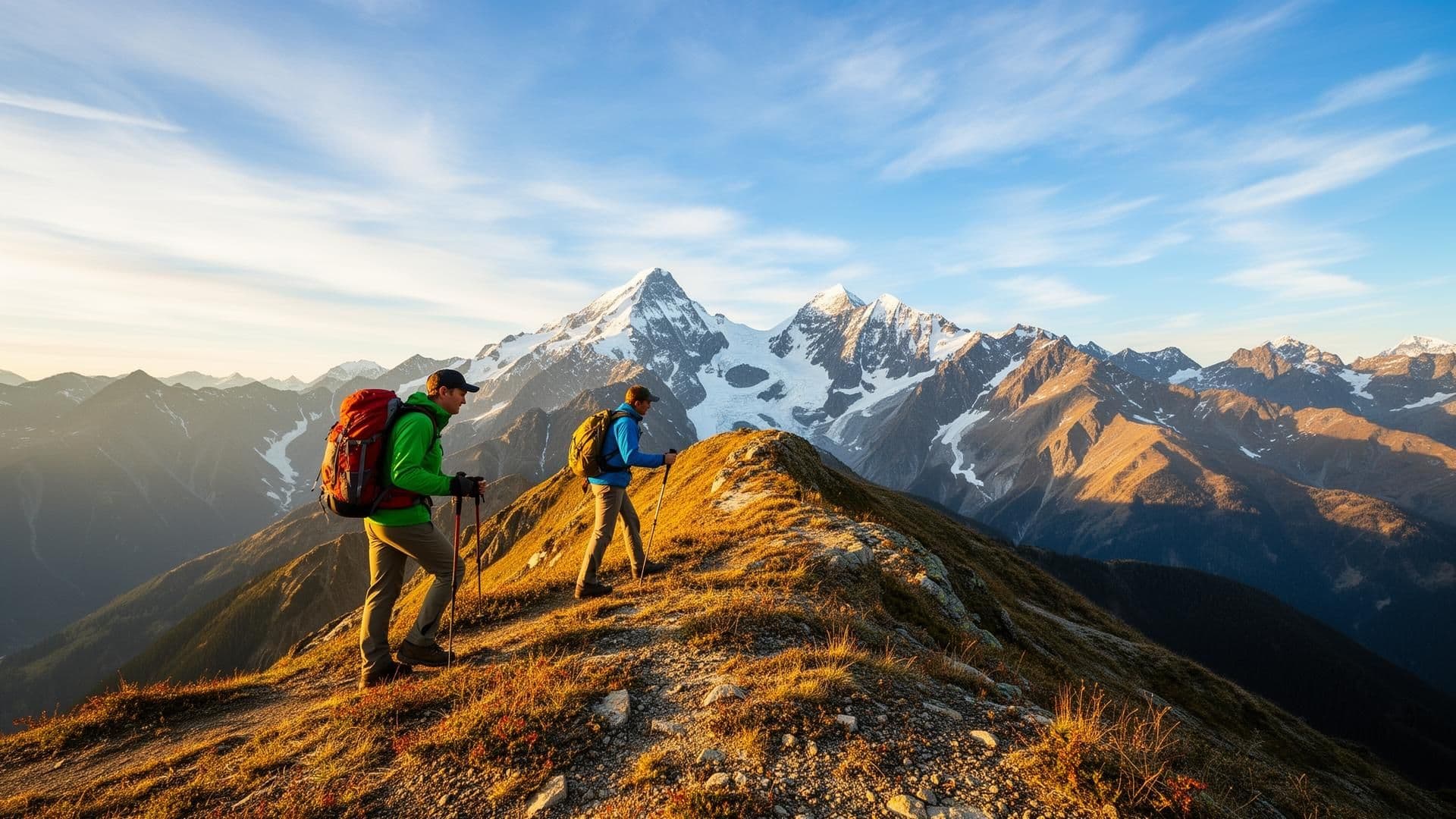 Zwei Trekker auf alpinem Grat