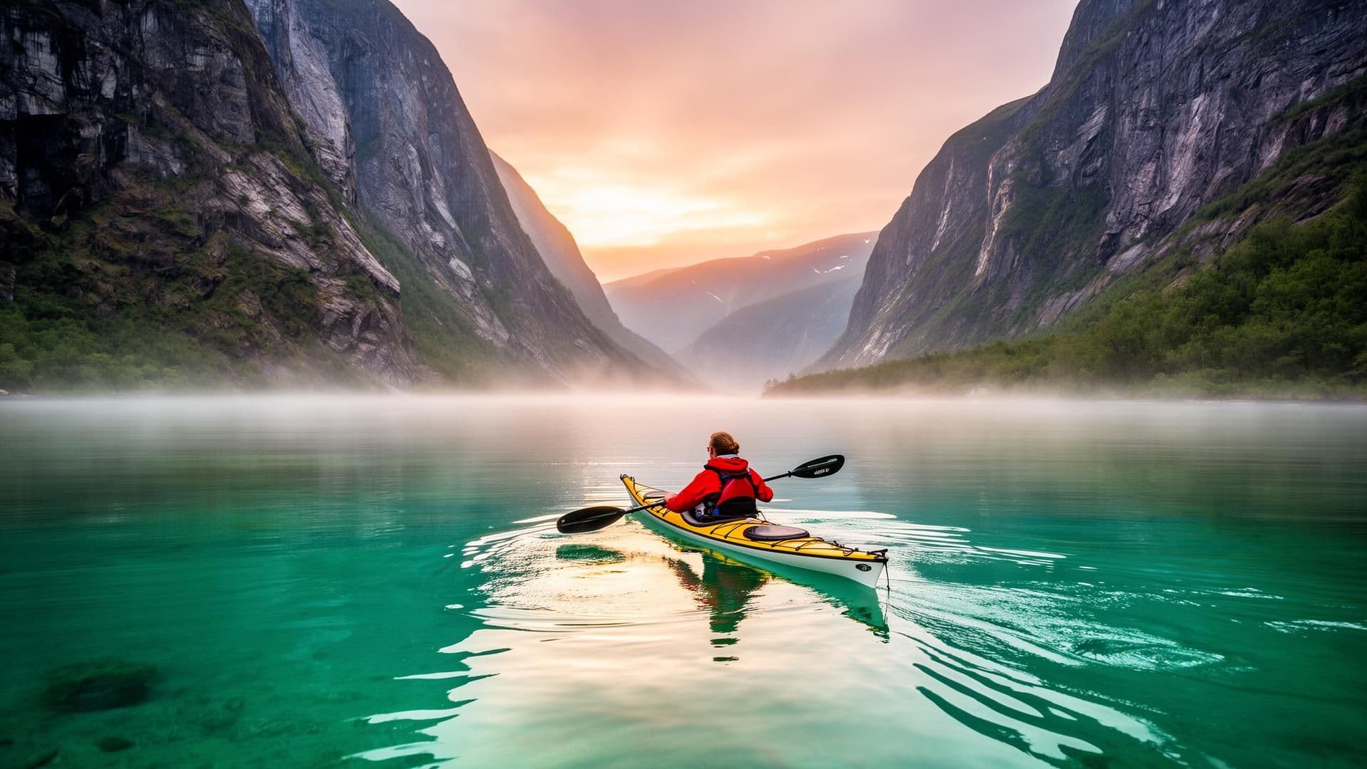 Kajakfahrer auf nordischem Fjord